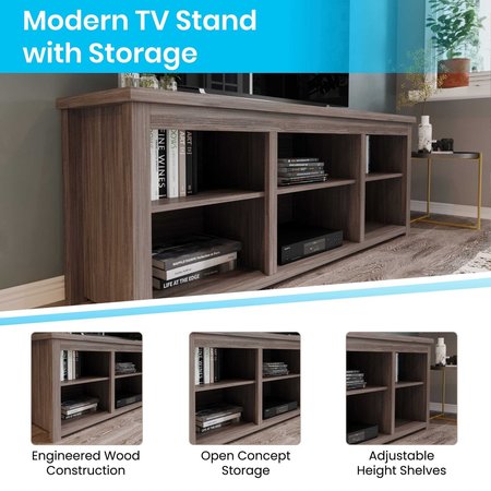 Flash Furniture 65" Gray Wash Oak 6 Cubby Open Storage TV Stand GC-MBLK66-GY-GG